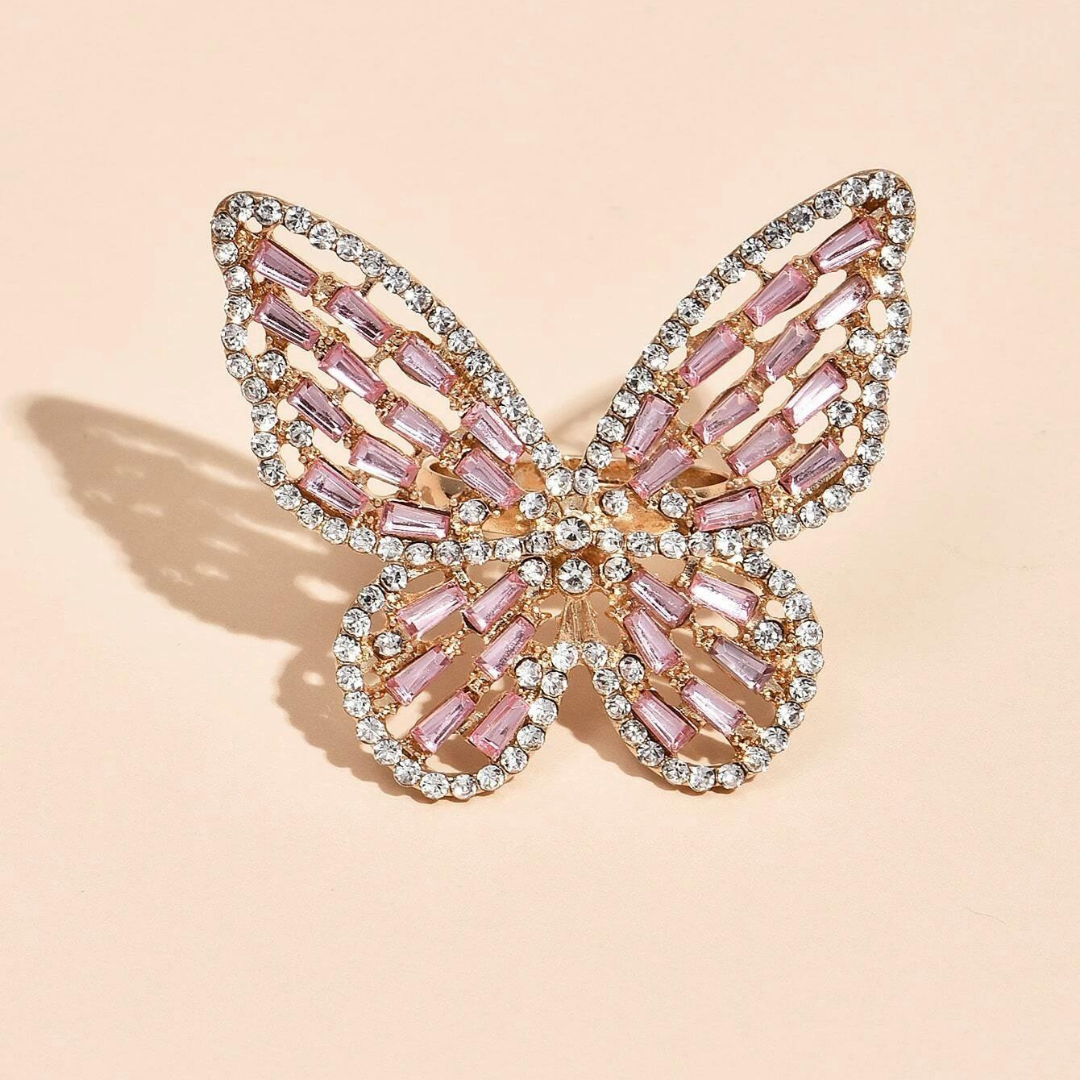 Pink Rhinestone Butterfly Ring