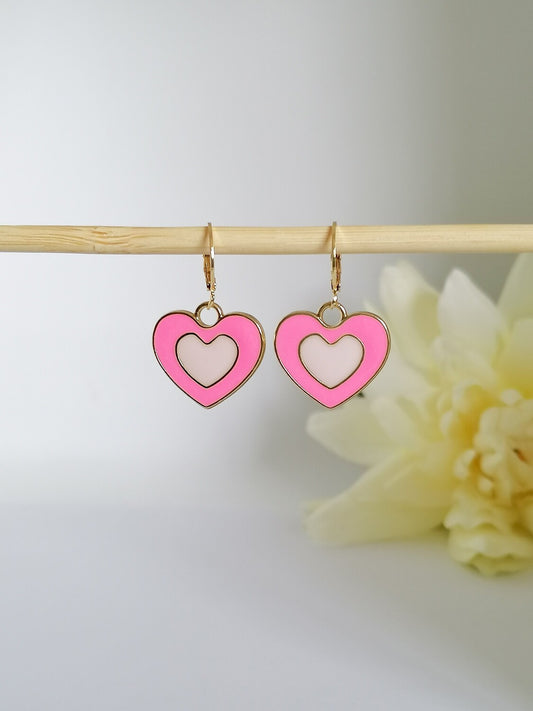 Retro Heart Earrings - Black , Green & Pink