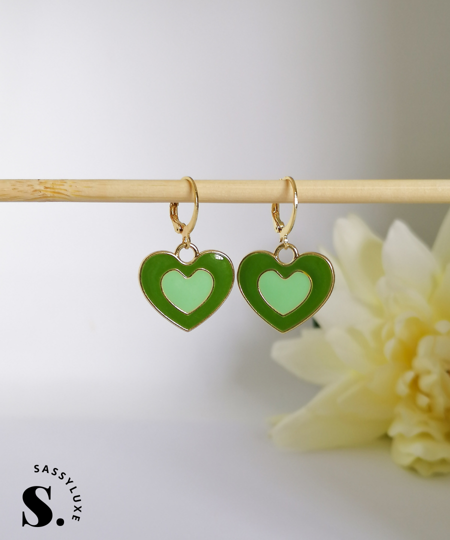 Retro Heart Earrings - Black , Green & Pink