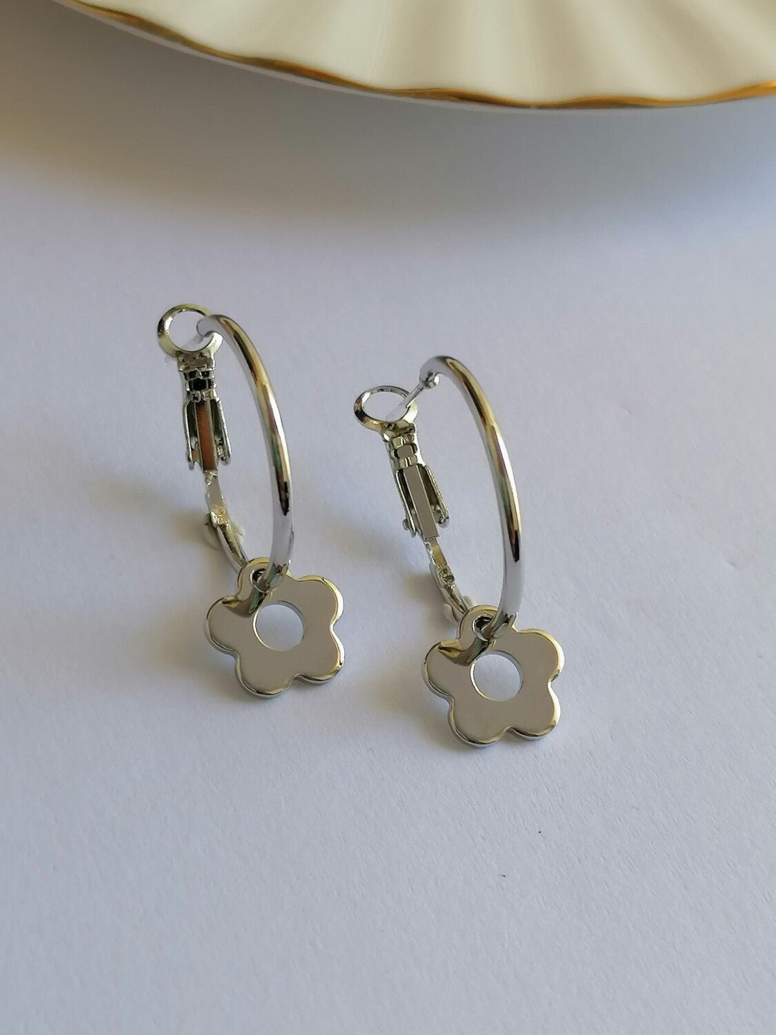 Silver Flower Charm Hoop Earrings