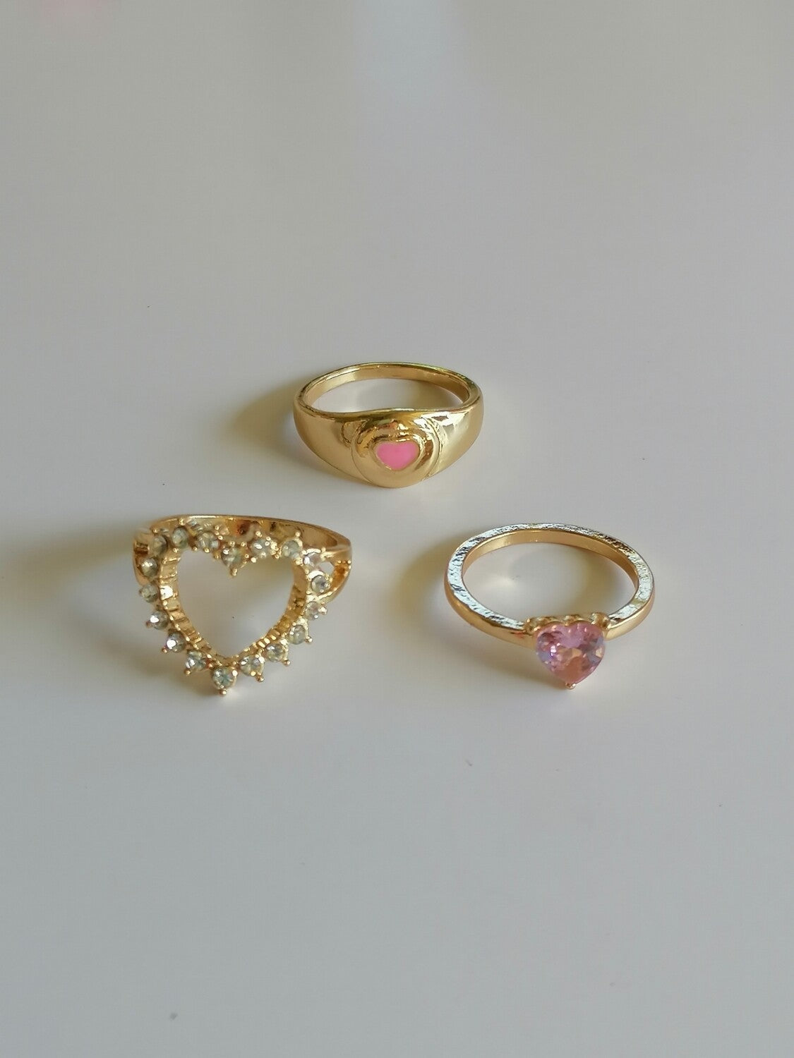 3pcs Pink Diamante Heart Ring Set