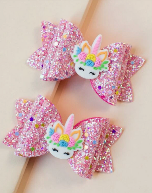 Pink Glitter Unicorn Clips 2pcs