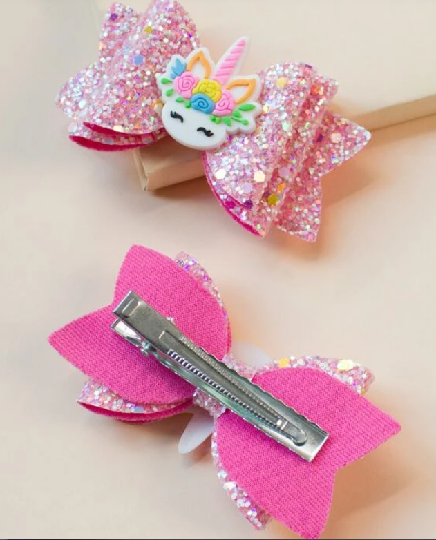 Pink Glitter Unicorn Clips 2pcs